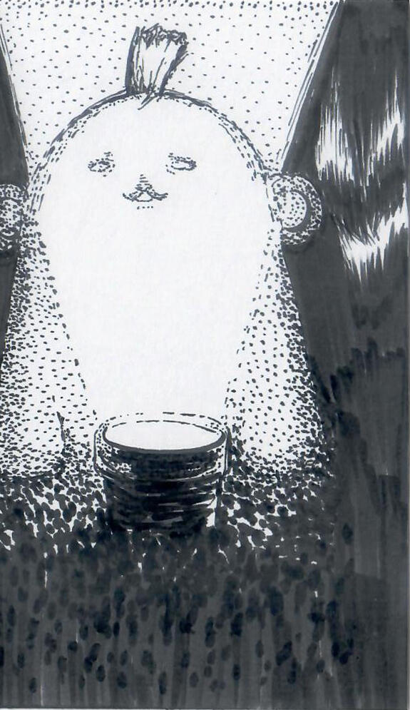 Polpebear is in scene with a flashlight shining from underneath, highlighting a creepy face on Polpebear and also behind it in the dark.