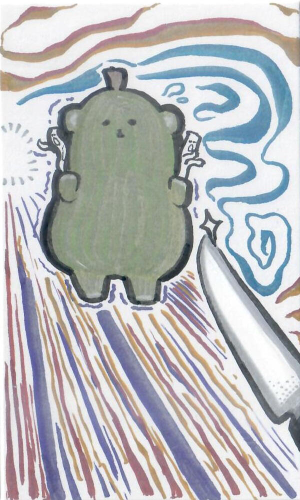 Polpebear is holding 2 miniature inflatable tube men while they are shaking along having a knife pointed at them.