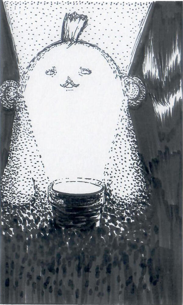 Polpebear is in scene with a flashlight shining from underneath, highlighting a creepy face on Polpebear and also behind it in the dark.