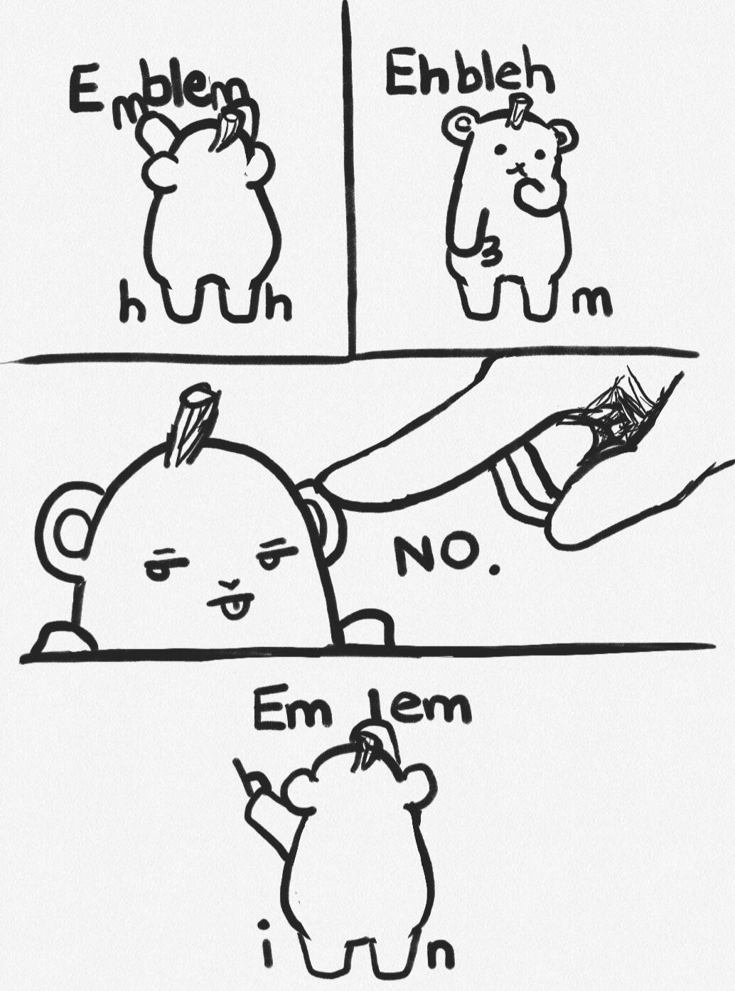 Polpebear plays around with the letters in 'emblem'.