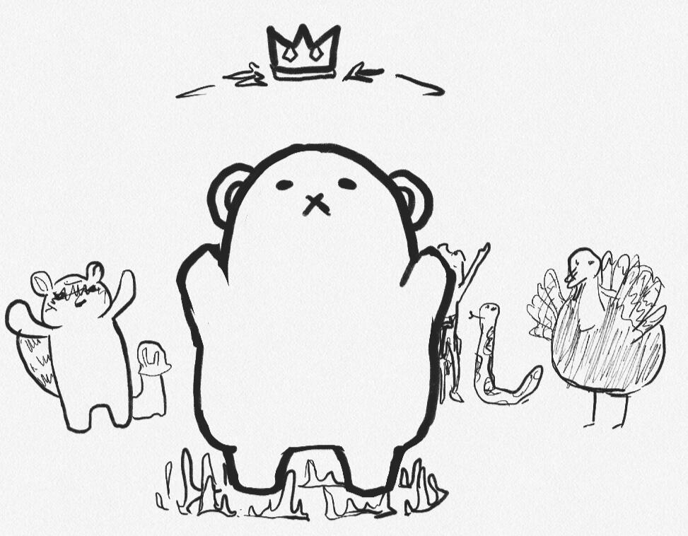 Polpebear is being crowned, with characters from past monthly themes in the background