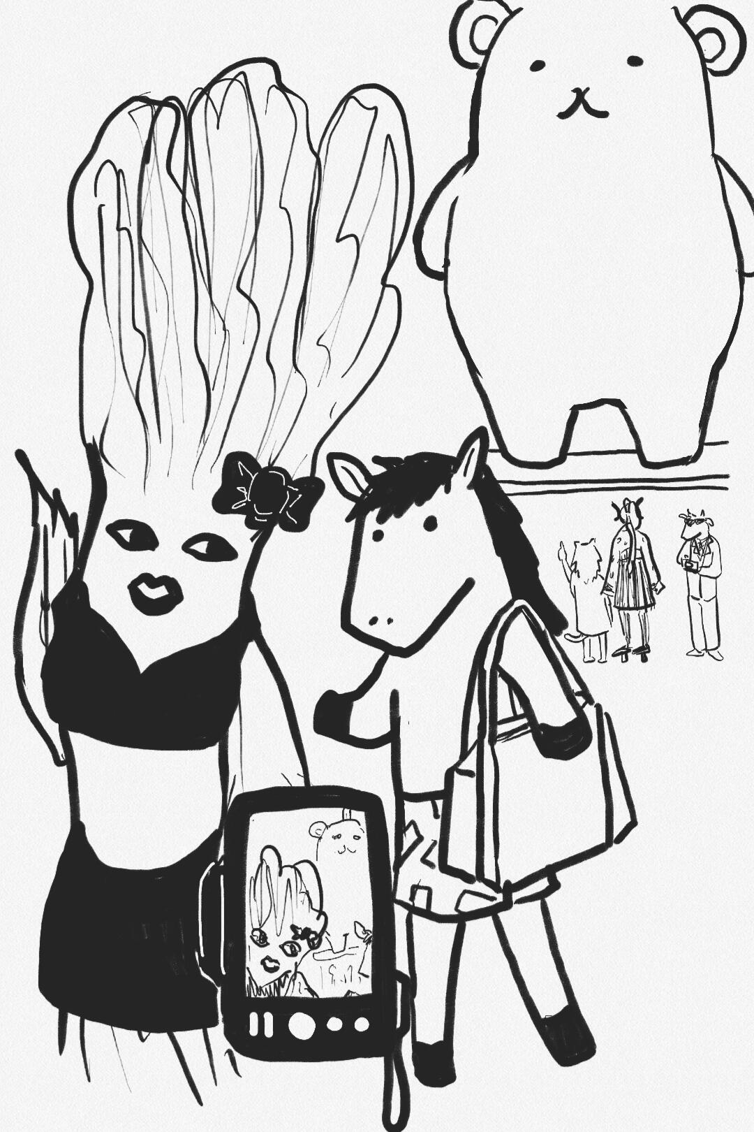 Monument Ibib Stablehands and his celery waifu taking wefies in front of a Polpebear monument
