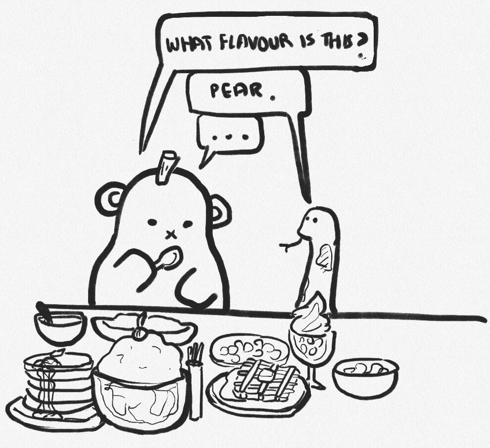 Polpebear unknowingly eats a pear-flavoured dessert served by Snake (character for the monthly theme of May)