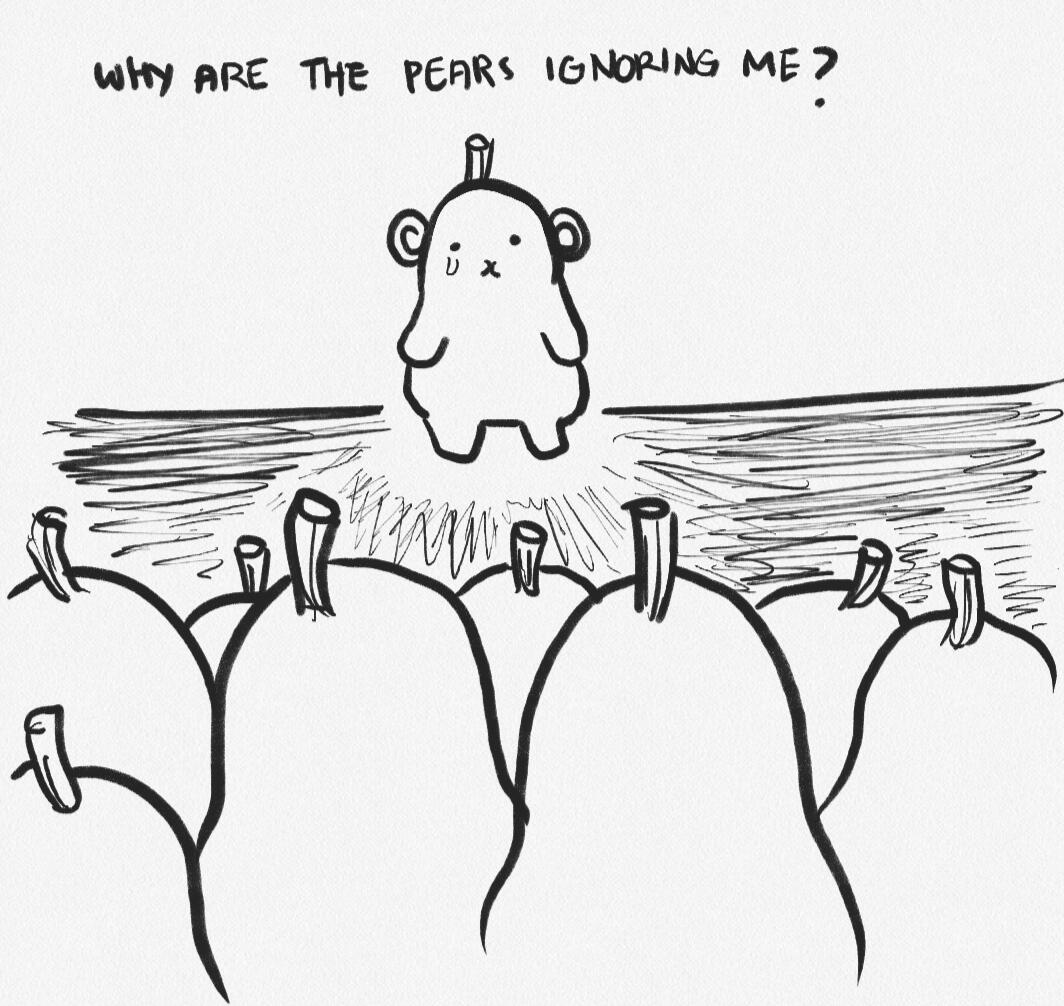 Polpebear is standing alone from a crowd of pears, in tears wondering why the pears aren't responding to them